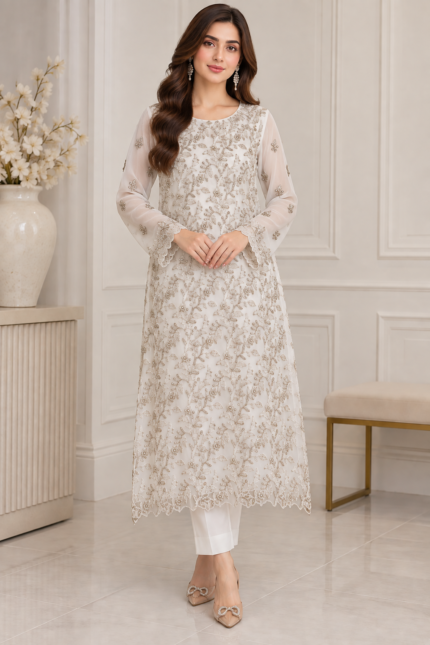 White chiffon shirt with detailed floral embroidery close up
