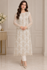 Full-length view of the white embroidered chiffon suit styled with a sheer chiffon dupatta featuring delicate floral motifs and an embellished border on two parallel sides only, paired with a matching grip trouser.