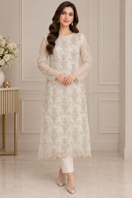 Full-length view of the white embroidered chiffon suit styled with a sheer chiffon dupatta featuring delicate floral motifs and an embellished border on two parallel sides only, paired with a matching grip trouser.