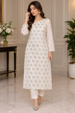 White chiffon embroidered 3-piece unstitched suit front view