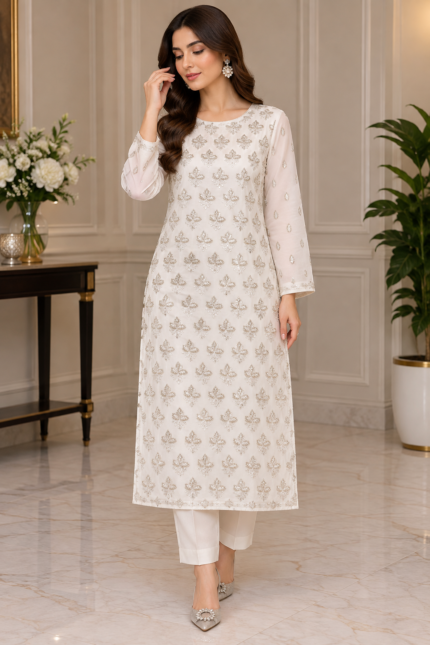 White chiffon embroidered 3-piece unstitched suit front view
