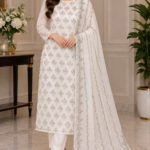 White chiffon embroidered suit with silver embellished dupatta