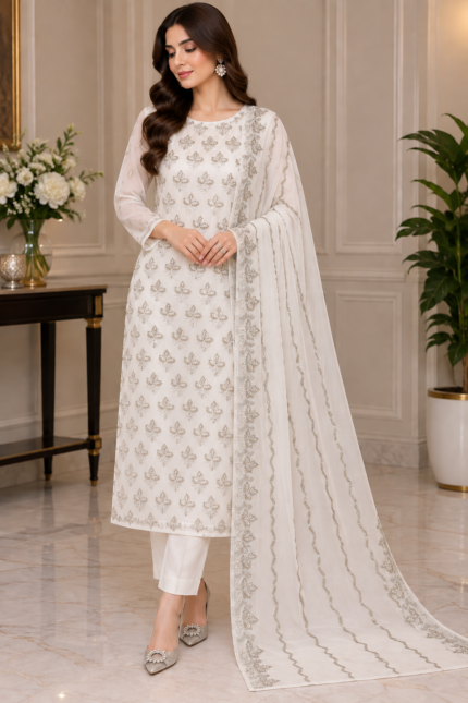White chiffon embroidered suit with silver embellished dupatta