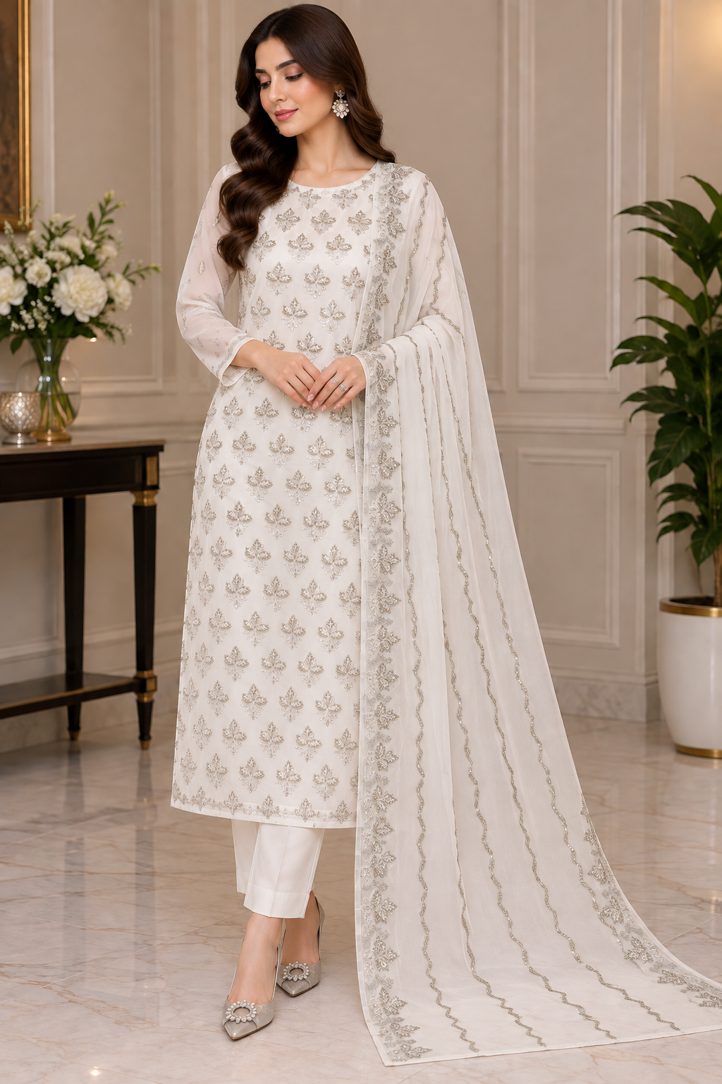 White Chiffon Suit with Embroidered Dupatta White chiffon embroidered suit with silver embellished dupatta