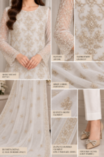 White chiffon suit close up showing shirt embroidery sleeves dupatta border and grip trouser
