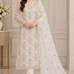 White embroidered chiffon suit with embellished chiffon dupatta and grip trouser