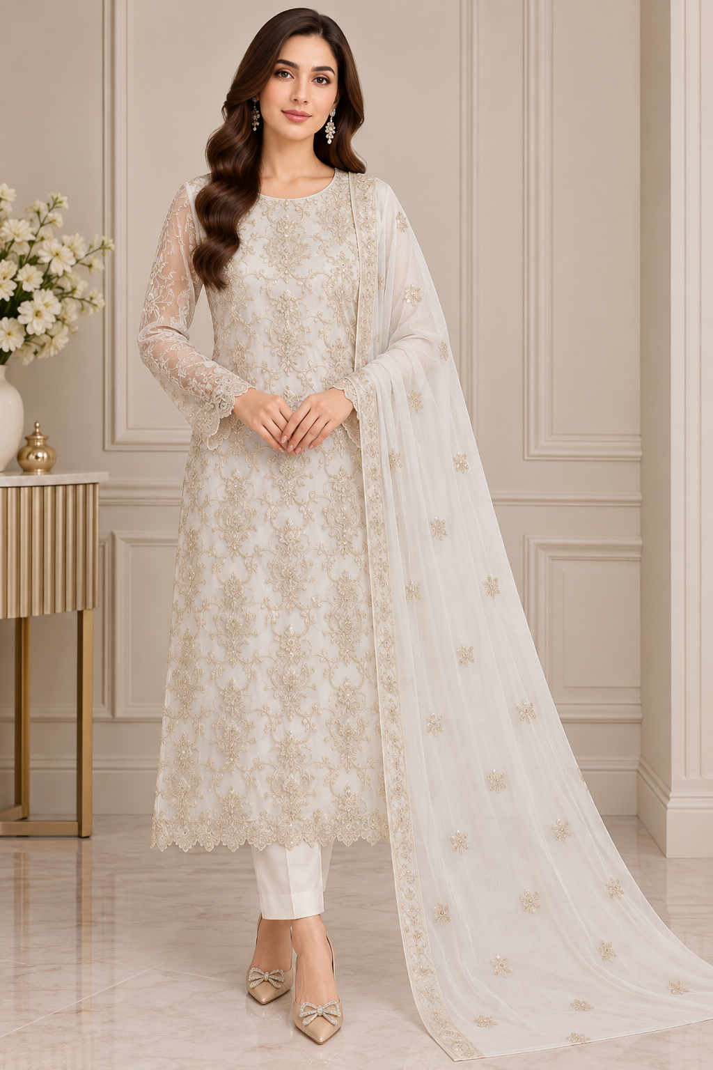 White Embroidered Suit with Chiffon Dupatta White embroidered chiffon suit with embellished chiffon dupatta and grip trouser