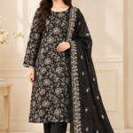 Black embroidered silk 3 piece unstitched suit for women