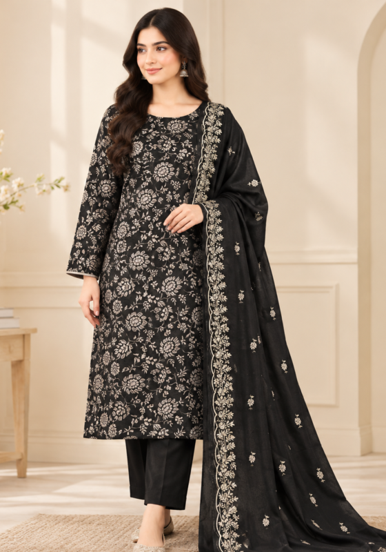 Black embroidered silk 3 piece unstitched suit for women