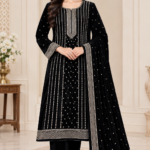 Black velvet embroidered 3-piece unstitched suit with silver embroidered kameez, matching sleeves, velvet dupatta and plain trouser.