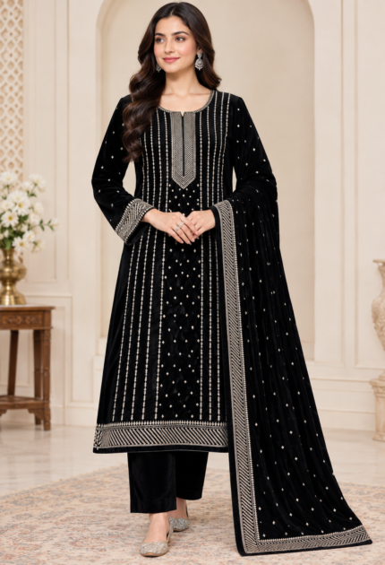 Black velvet embroidered 3-piece unstitched suit with silver embroidered kameez, matching sleeves, velvet dupatta and plain trouser.