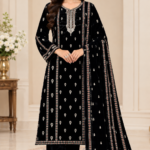 Black velvet embroidered 3-piece unstitched Pakistani suit with kameez, embroidered sleeves, single-border velvet dupatta and plain trouser.