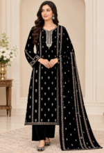 Black velvet embroidered 3-piece unstitched Pakistani suit with kameez, embroidered sleeves, single-border velvet dupatta and plain trouser.