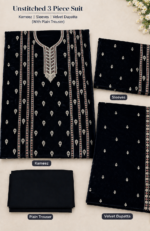 Black velvet embroidered 3-piece unstitched Pakistani suit with kameez, embroidered sleeves, single-border velvet dupatta and plain trouser.