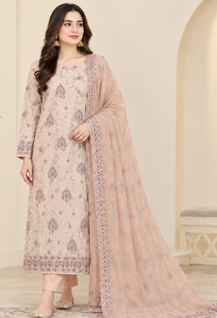 Blush pink embroidered 3 piece unstitched suit for women