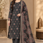 Charcoal grey embroidered Pakistani 3 piece suit with Khadi Net dupatta