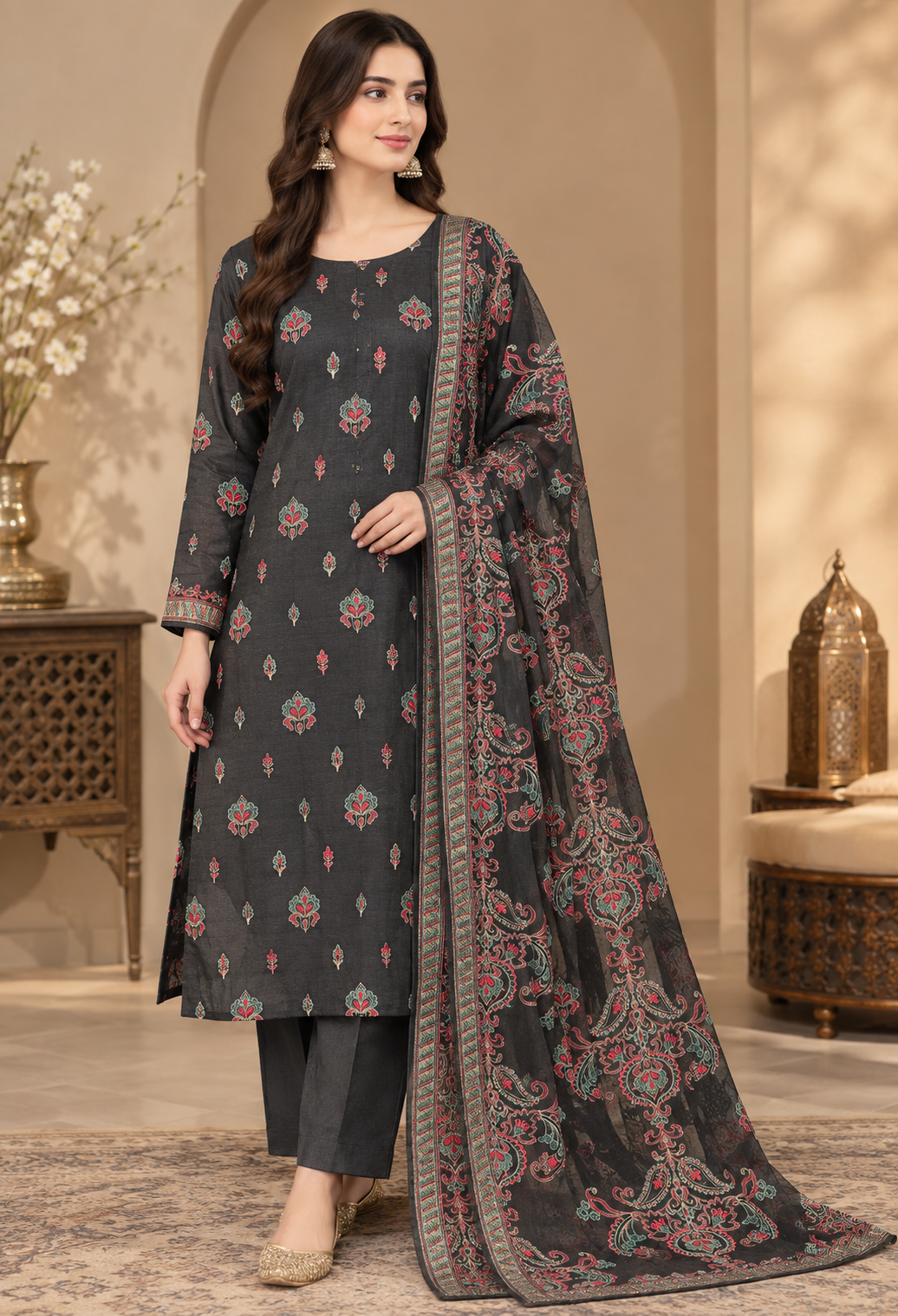 charcoal-grey-embroidered-3-piece-pakistani-suit-khadi-net-dupatta Charcoal grey embroidered Pakistani 3 piece suit with Khadi Net dupatta