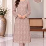 Dusty rose embroidered chiffon 3 piece unstitched suit with white undyed trouser