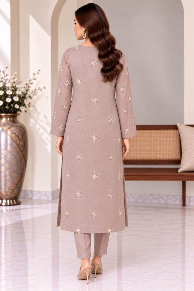 Dusty rose embroidered chiffon 3 piece unstitched suit with white undyed trouser