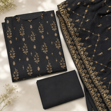 Luxury embroidered silk 3 piece unstitched dress in Black and Teal