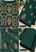 Closeup of emerald green silk shirt embroidery sleeves dupatta and trousers
