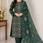 Emerald green silk embroidered suit with matching embroidered dupatta and trousers
