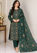 Emerald green silk embroidered suit with matching embroidered dupatta and trousers