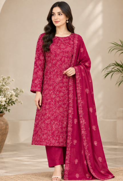 red Embroidered Silk 3 Piece Suit