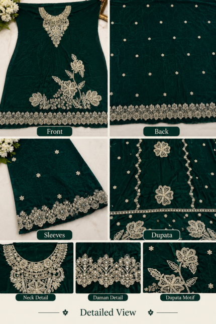 Emerald green embroidered velvet 3-piece unstitched suit with golden floral embroidery, detailed neckline, and matching trousers.