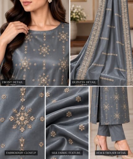 Grey Silk Embroidered 3 Piece Unstitched Suit
