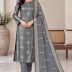 Grey silk embroidered 3 piece unstitched suit with chiffon dupatta