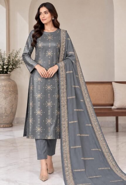 Grey silk embroidered 3 piece unstitched suit with chiffon dupatta