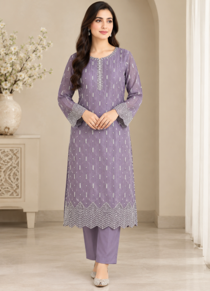 Lavender purple net 3 piece unstitched suit with beads work and embroidered dupatta