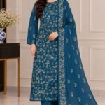 Luxury embroidered teal blue chiffon 3PC unstitched suit with white undyed trouser