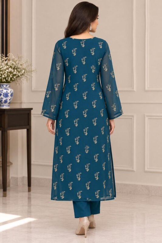 Luxury embroidered teal blue chiffon 3PC unstitched suit with white undyed trouser