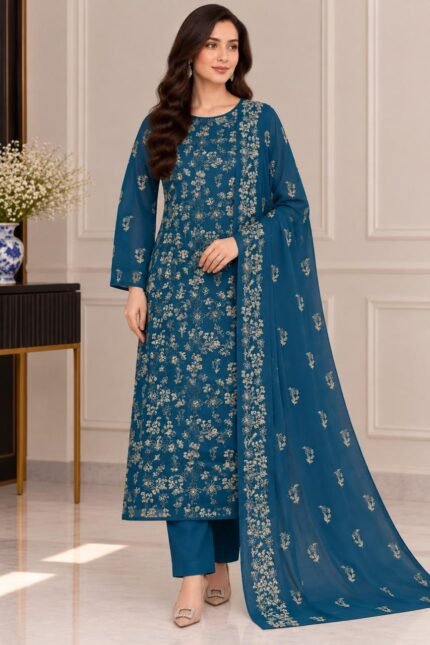Luxury embroidered teal blue chiffon 3PC unstitched suit with white undyed trouser