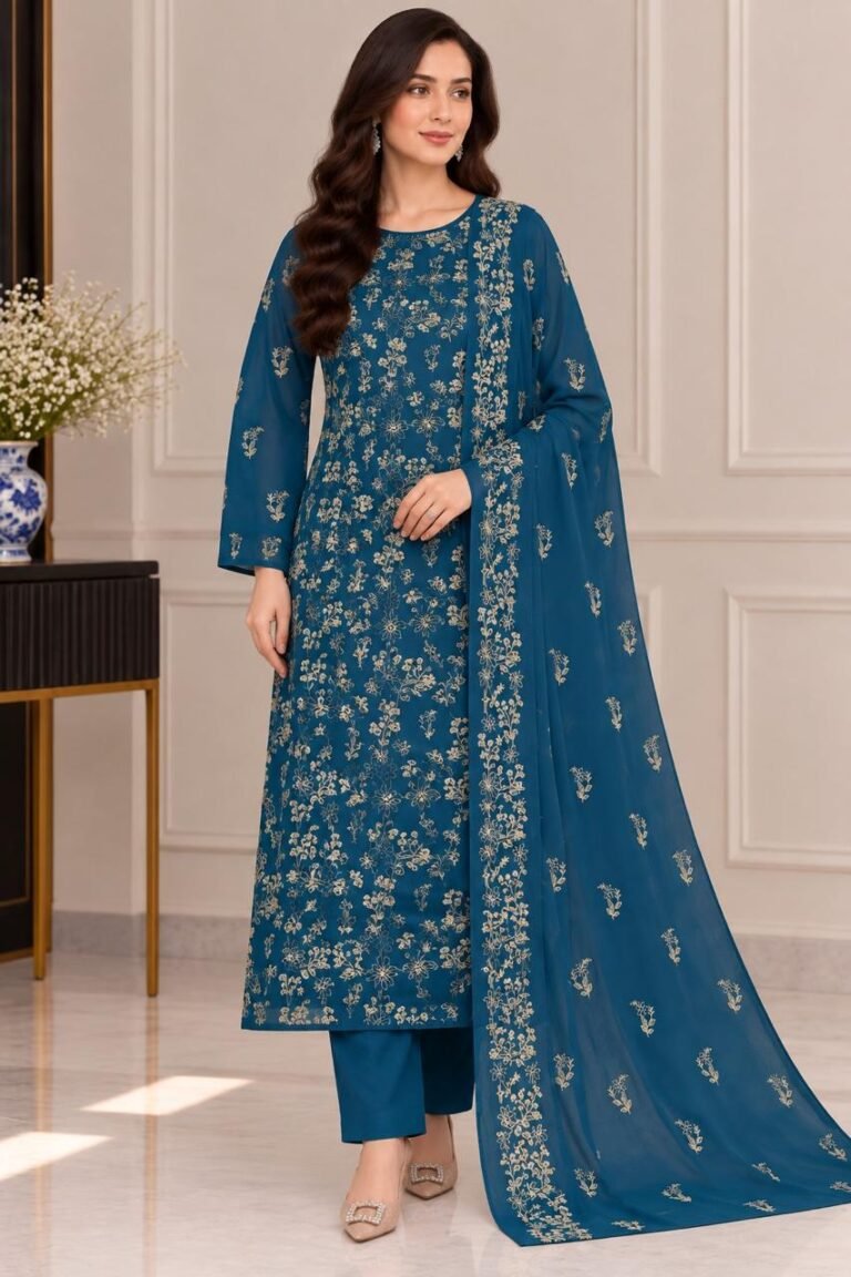 Luxury embroidered teal blue chiffon 3PC unstitched suit with white undyed trouser