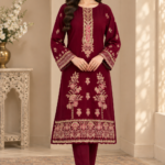 Maroon velvet embroidered unstitched 3 piece suit for women