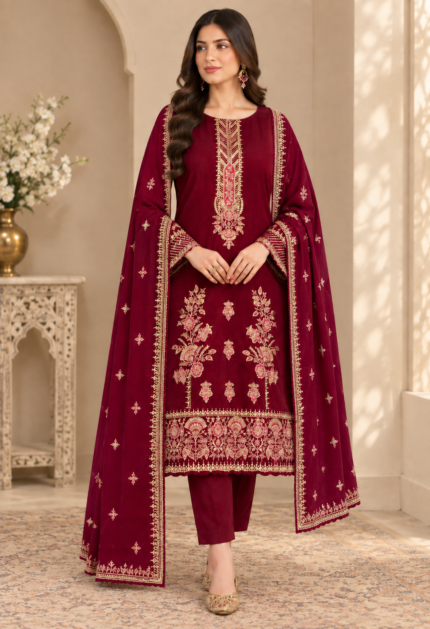 Maroon velvet fabric with delicate embroidered motifs