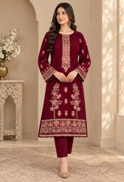 Maroon velvet embroidered unstitched 3 piece suit for women