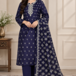 Navy Blue Velvet Embroidered Unstitched 3 Piece Suit for Women