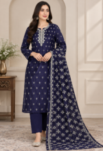 Navy Blue Velvet Embroidered Unstitched 3 Piece Suit for Women