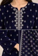 Navy Blue Velvet Embroidered Unstitched 3 Piece Suit for Women