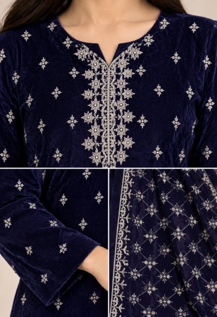 Navy Blue Velvet Embroidered Unstitched 3 Piece Suit for Women