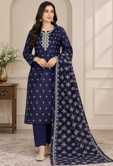 Navy Blue Velvet Embroidered Unstitched 3 Piece Suit for Women