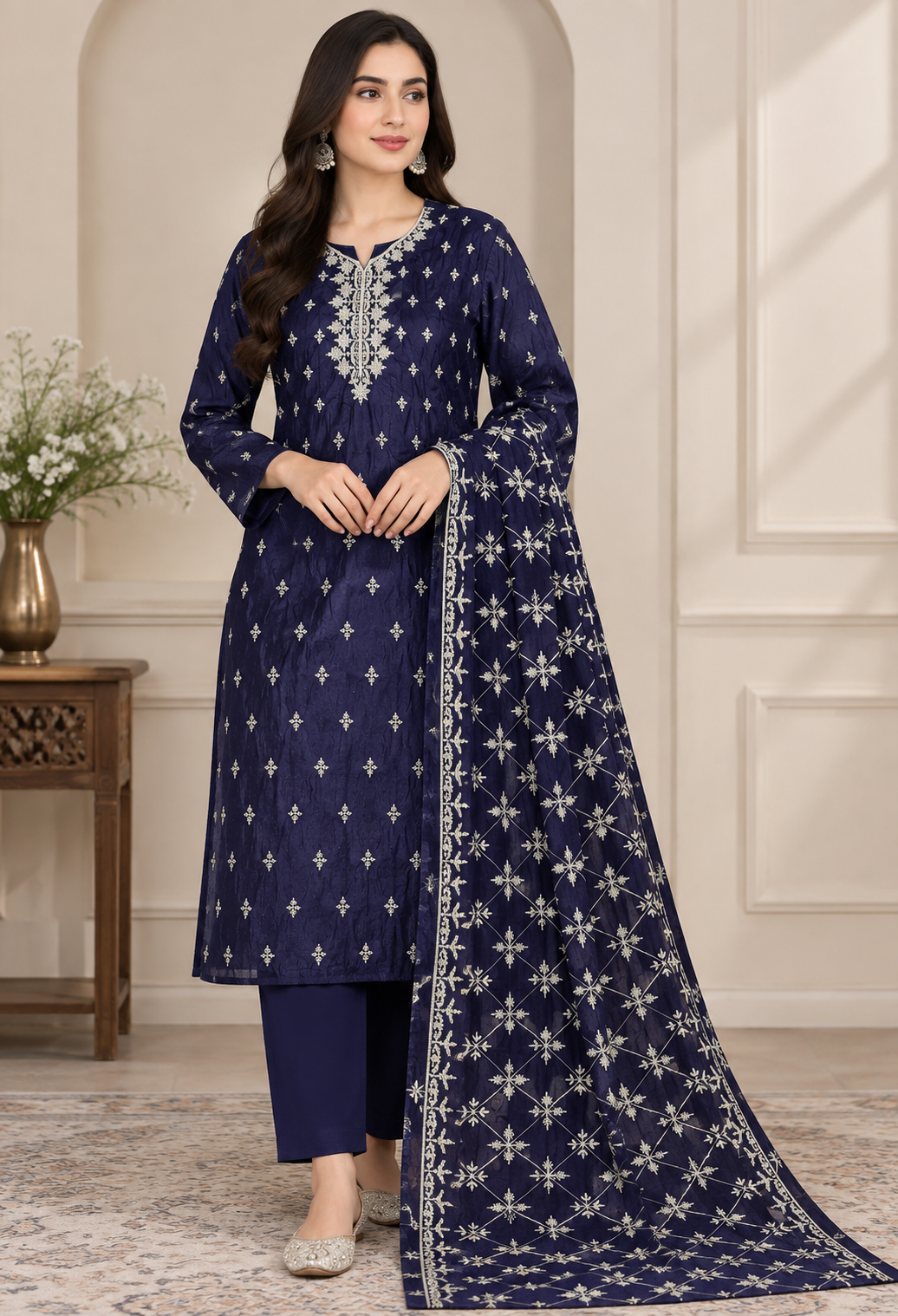 navy-blue-velvet-unstitched-3-piece-suit Navy Blue Velvet Embroidered Unstitched 3 Piece Suit for Women