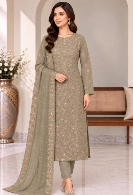 Premium embroidered Shafoon 3 piece suit for women with dupatta and white undyed trouser