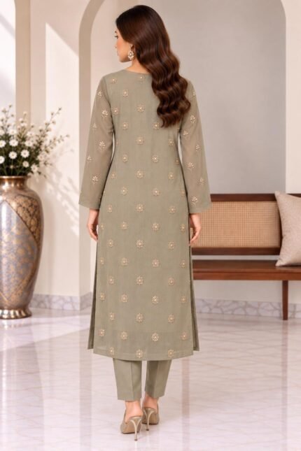 Premium embroidered Shafoon 3 piece suit for women with dupatta and white undyed trouser