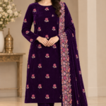 Purple embroidered velvet 3-piece suit with floral kameez and embroidered dupatta