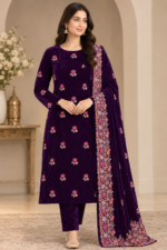 Purple embroidered velvet 3-piece suit with floral kameez and embroidered dupatta